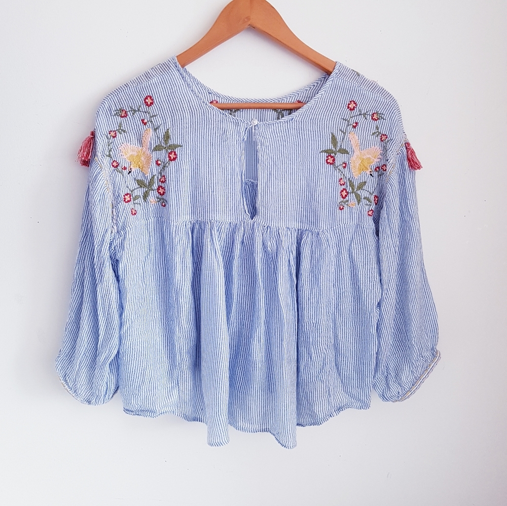 FOREVER 21 Blue Boho Embroidered Cropped Top - Picture 7 of 7